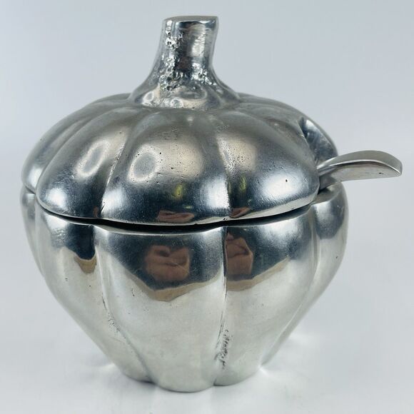 Silver Tone Metal Pumpkin Bowl Tureen With Lid Ladle Spoon VTG HEAVY Dip Sugar